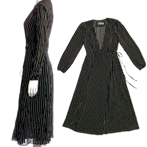 REFORMATION BLACK/WHITE STRIPE MIDI LONG SLEEVE WRAP V NECK DRESS MEDIUM EUC - Picture 3 of 5